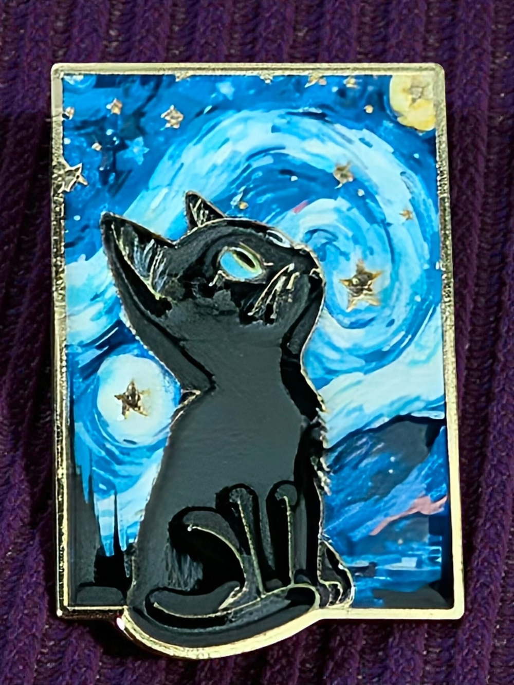 Black Cat Enamel Pin with Van Gogh Inspired Starry Blue Background